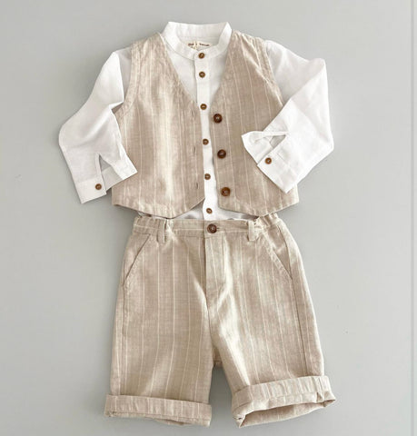 Completo beige gessato bambino con pantalone lungo o corto