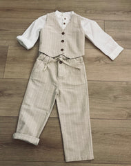 Completo beige gessato bambino con pantalone lungo o corto