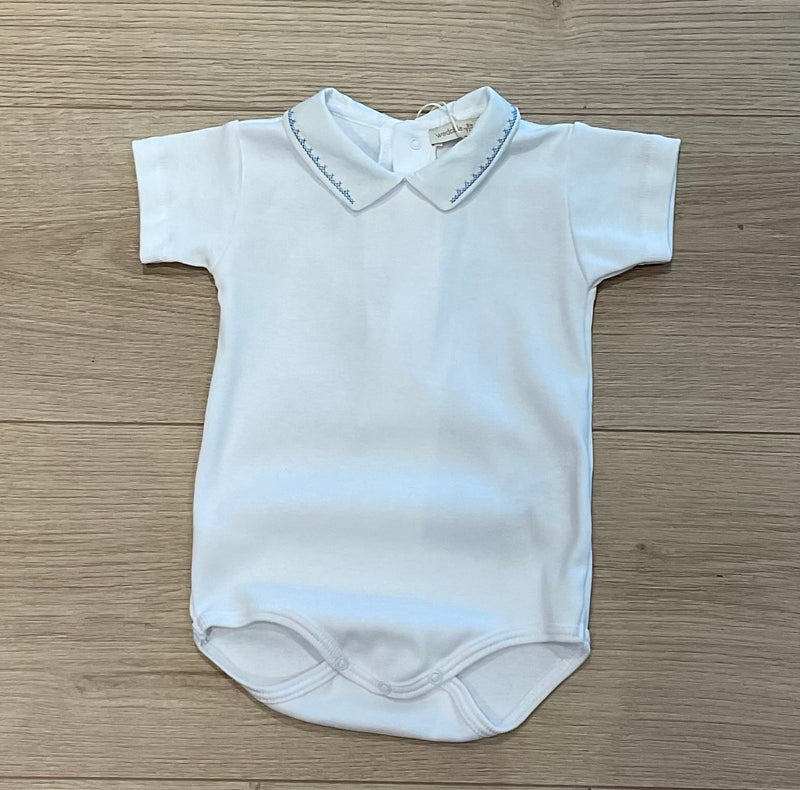 Body in cotone con colletto con ricamo azzurro